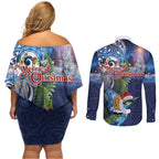 New Zealand Merry Christmas Couples Matching Off Shoulder Short Dress and Long Sleeve Button Shirt Maori Tribal Pattern with Xmas Tui Bird