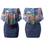 New Zealand Merry Christmas Couples Matching Off Shoulder Short Dress and Long Sleeve Button Shirt Maori Tribal Pattern with Xmas Tui Bird LT03