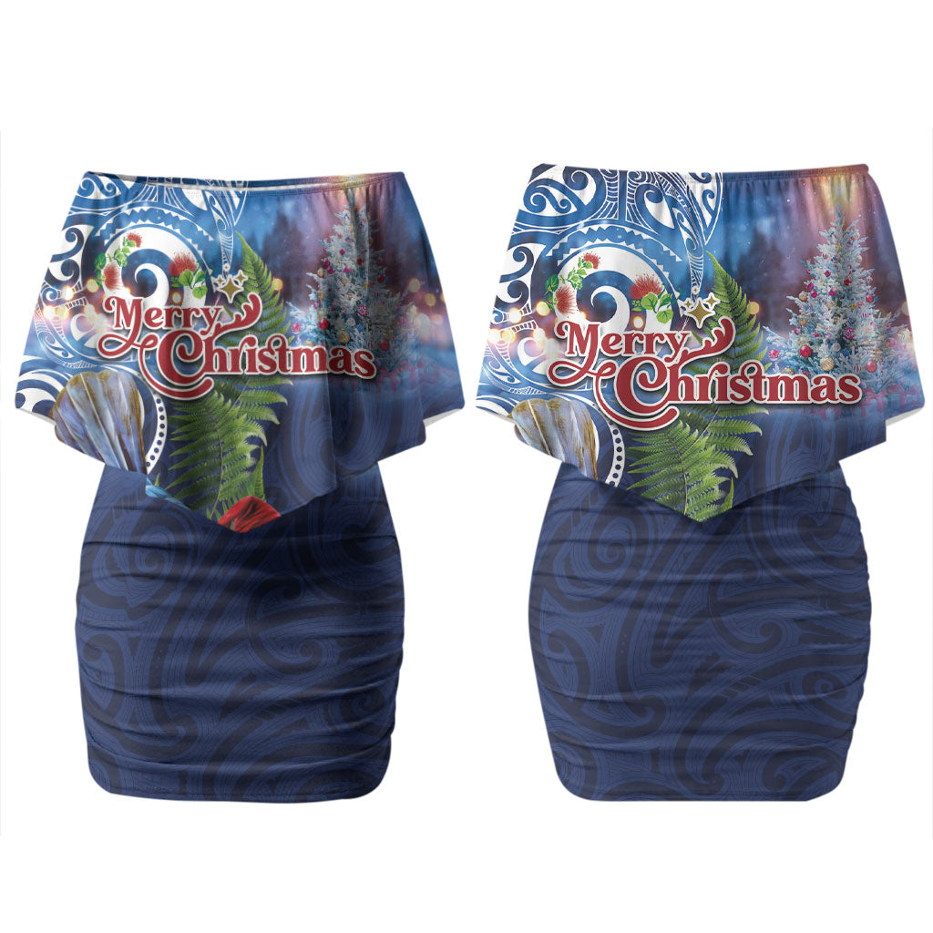 New Zealand Merry Christmas Couples Matching Off Shoulder Short Dress and Long Sleeve Button Shirt Maori Tribal Pattern with Xmas Tui Bird LT03