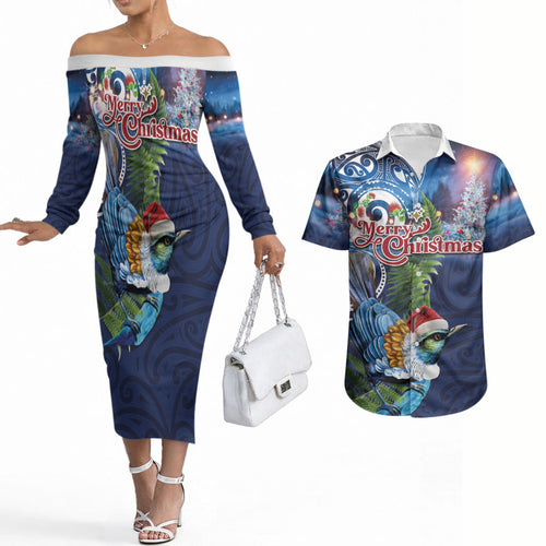 New Zealand Merry Christmas Couples Matching Off The Shoulder Long Sleeve Dress and Hawaiian Shirt Maori Tribal Pattern with Xmas Tui Bird