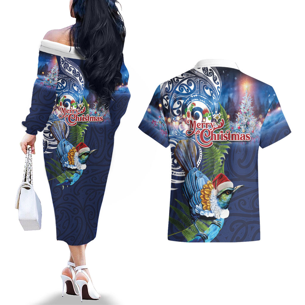New Zealand Merry Christmas Couples Matching Off The Shoulder Long Sleeve Dress and Hawaiian Shirt Maori Tribal Pattern with Xmas Tui Bird