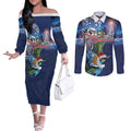 New Zealand Merry Christmas Couples Matching Off The Shoulder Long Sleeve Dress and Long Sleeve Button Shirt Maori Tribal Pattern with Xmas Tui Bird