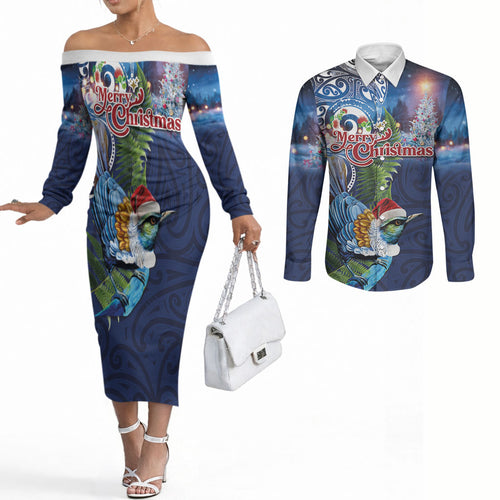 New Zealand Merry Christmas Couples Matching Off The Shoulder Long Sleeve Dress and Long Sleeve Button Shirt Maori Tribal Pattern with Xmas Tui Bird