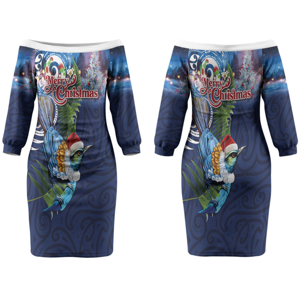 New Zealand Merry Christmas Couples Matching Off The Shoulder Long Sleeve Dress and Long Sleeve Button Shirt Maori Tribal Pattern with Xmas Tui Bird LT03