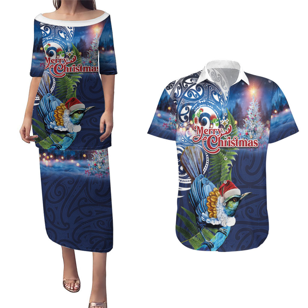 New Zealand Merry Christmas Couples Matching Puletasi and Hawaiian Shirt Maori Tribal Pattern with Xmas Tui Bird