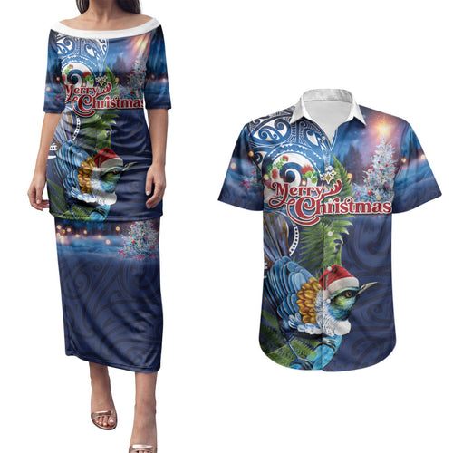 New Zealand Merry Christmas Couples Matching Puletasi and Hawaiian Shirt Maori Tribal Pattern with Xmas Tui Bird