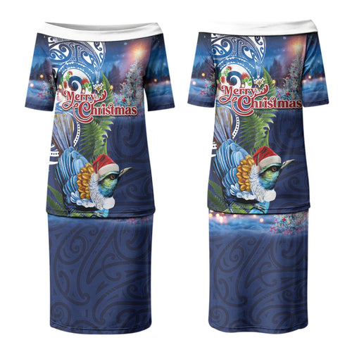 New Zealand Merry Christmas Couples Matching Puletasi and Hawaiian Shirt Maori Tribal Pattern with Xmas Tui Bird LT03