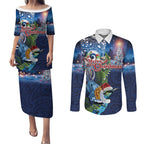 New Zealand Merry Christmas Couples Matching Puletasi and Long Sleeve Button Shirt Maori Tribal Pattern with Xmas Tui Bird