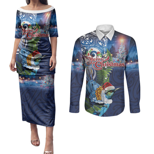 New Zealand Merry Christmas Couples Matching Puletasi and Long Sleeve Button Shirt Maori Tribal Pattern with Xmas Tui Bird