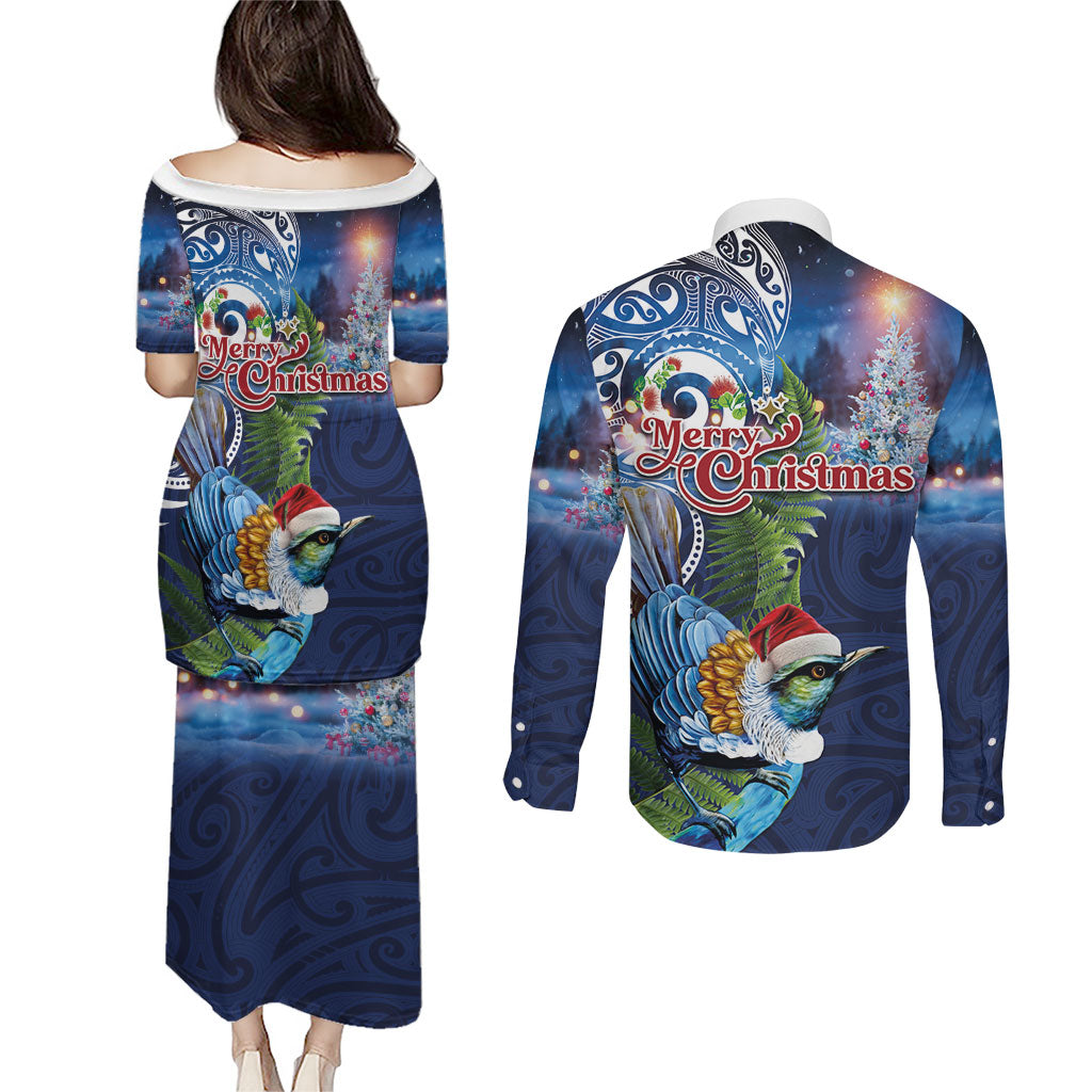 New Zealand Merry Christmas Couples Matching Puletasi and Long Sleeve Button Shirt Maori Tribal Pattern with Xmas Tui Bird