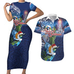 New Zealand Merry Christmas Couples Matching Short Sleeve Bodycon Dress and Hawaiian Shirt Maori Tribal Pattern with Xmas Tui Bird