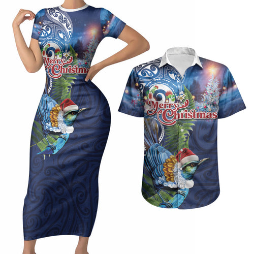 New Zealand Merry Christmas Couples Matching Short Sleeve Bodycon Dress and Hawaiian Shirt Maori Tribal Pattern with Xmas Tui Bird