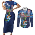 New Zealand Merry Christmas Couples Matching Short Sleeve Bodycon Dress and Long Sleeve Button Shirt Maori Tribal Pattern with Xmas Tui Bird