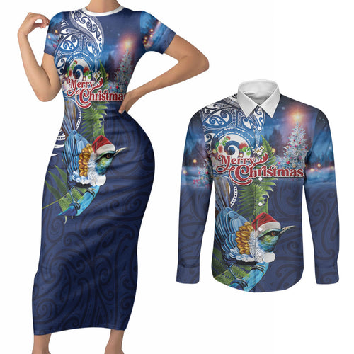 New Zealand Merry Christmas Couples Matching Short Sleeve Bodycon Dress and Long Sleeve Button Shirt Maori Tribal Pattern with Xmas Tui Bird
