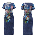 New Zealand Merry Christmas Couples Matching Short Sleeve Bodycon Dress and Long Sleeve Button Shirt Maori Tribal Pattern with Xmas Tui Bird LT03