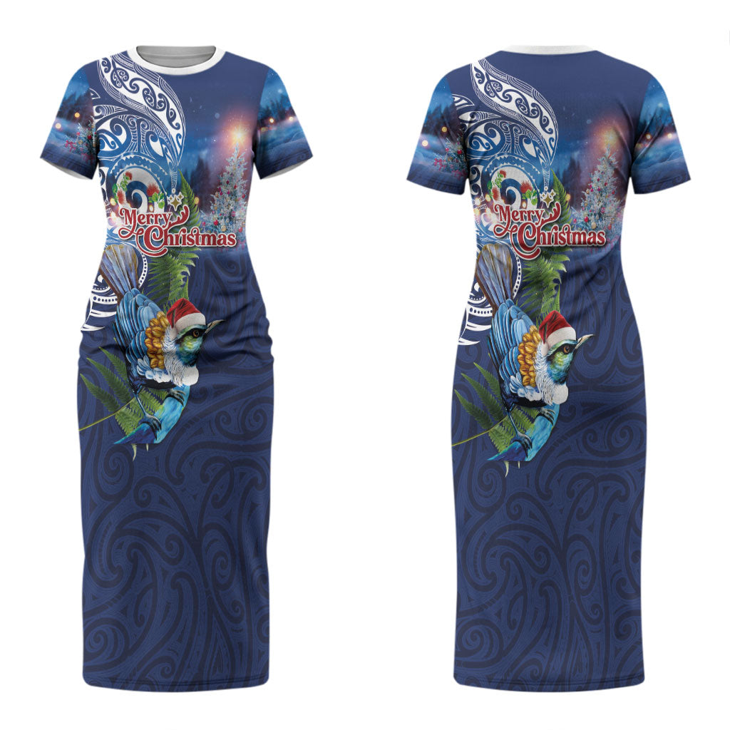 New Zealand Merry Christmas Couples Matching Short Sleeve Bodycon Dress and Long Sleeve Button Shirt Maori Tribal Pattern with Xmas Tui Bird LT03