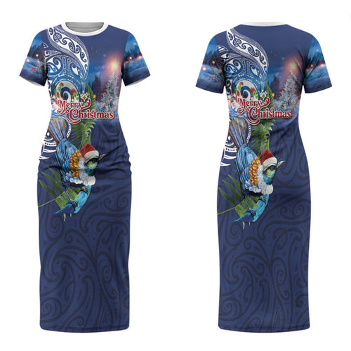 New Zealand Merry Christmas Couples Matching Short Sleeve Bodycon Dress and Long Sleeve Button Shirt Maori Tribal Pattern with Xmas Tui Bird LT03
