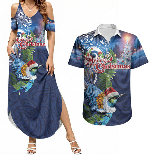 New Zealand Merry Christmas Couples Matching Summer Maxi Dress and Hawaiian Shirt Maori Tribal Pattern with Xmas Tui Bird