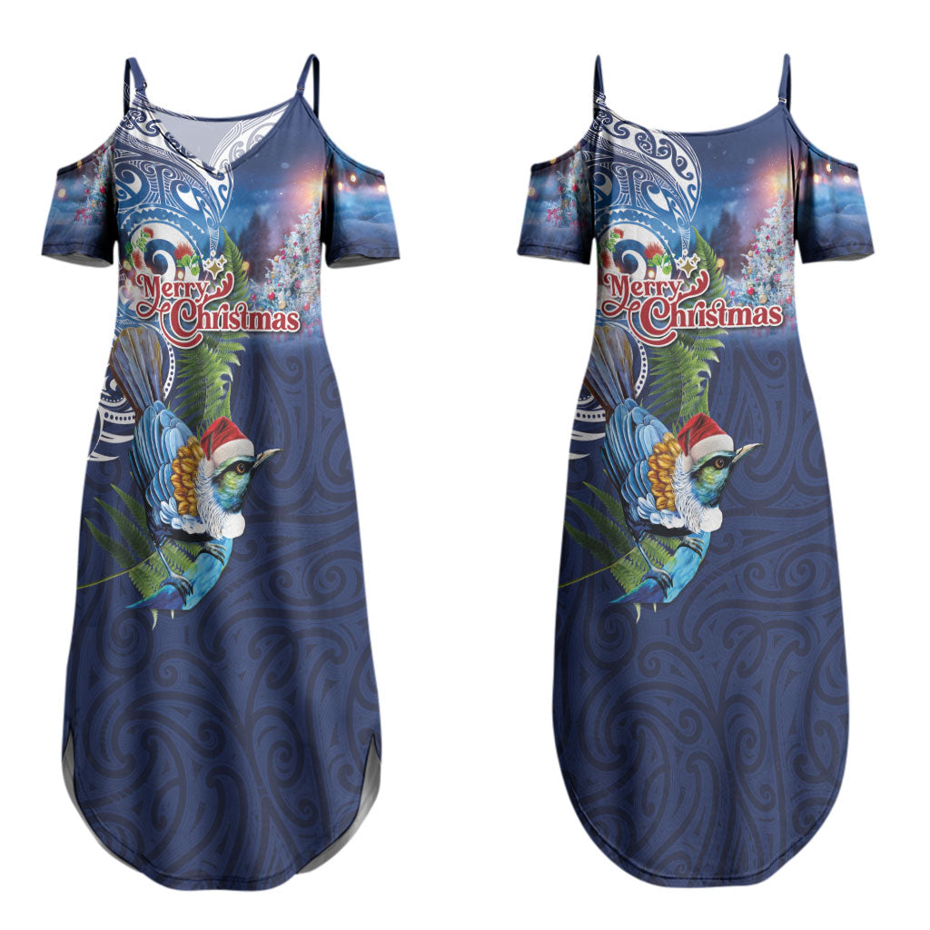 New Zealand Merry Christmas Couples Matching Summer Maxi Dress and Hawaiian Shirt Maori Tribal Pattern with Xmas Tui Bird LT03