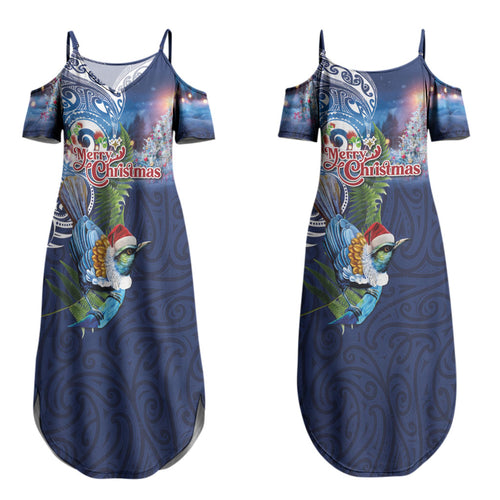 New Zealand Merry Christmas Couples Matching Summer Maxi Dress and Hawaiian Shirt Maori Tribal Pattern with Xmas Tui Bird LT03