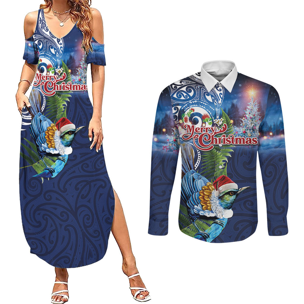 New Zealand Merry Christmas Couples Matching Summer Maxi Dress and Long Sleeve Button Shirt Maori Tribal Pattern with Xmas Tui Bird