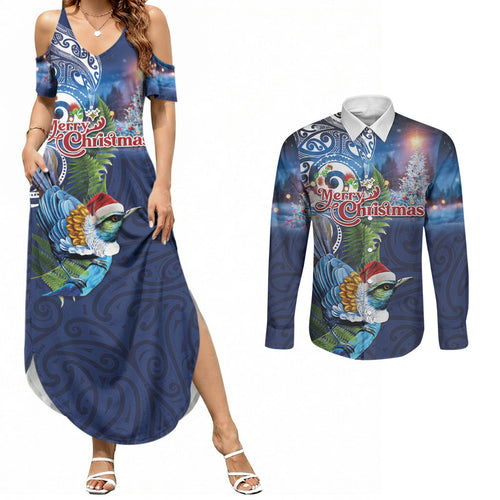 New Zealand Merry Christmas Couples Matching Summer Maxi Dress and Long Sleeve Button Shirt Maori Tribal Pattern with Xmas Tui Bird