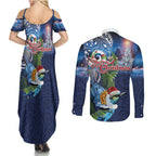 New Zealand Merry Christmas Couples Matching Summer Maxi Dress and Long Sleeve Button Shirt Maori Tribal Pattern with Xmas Tui Bird