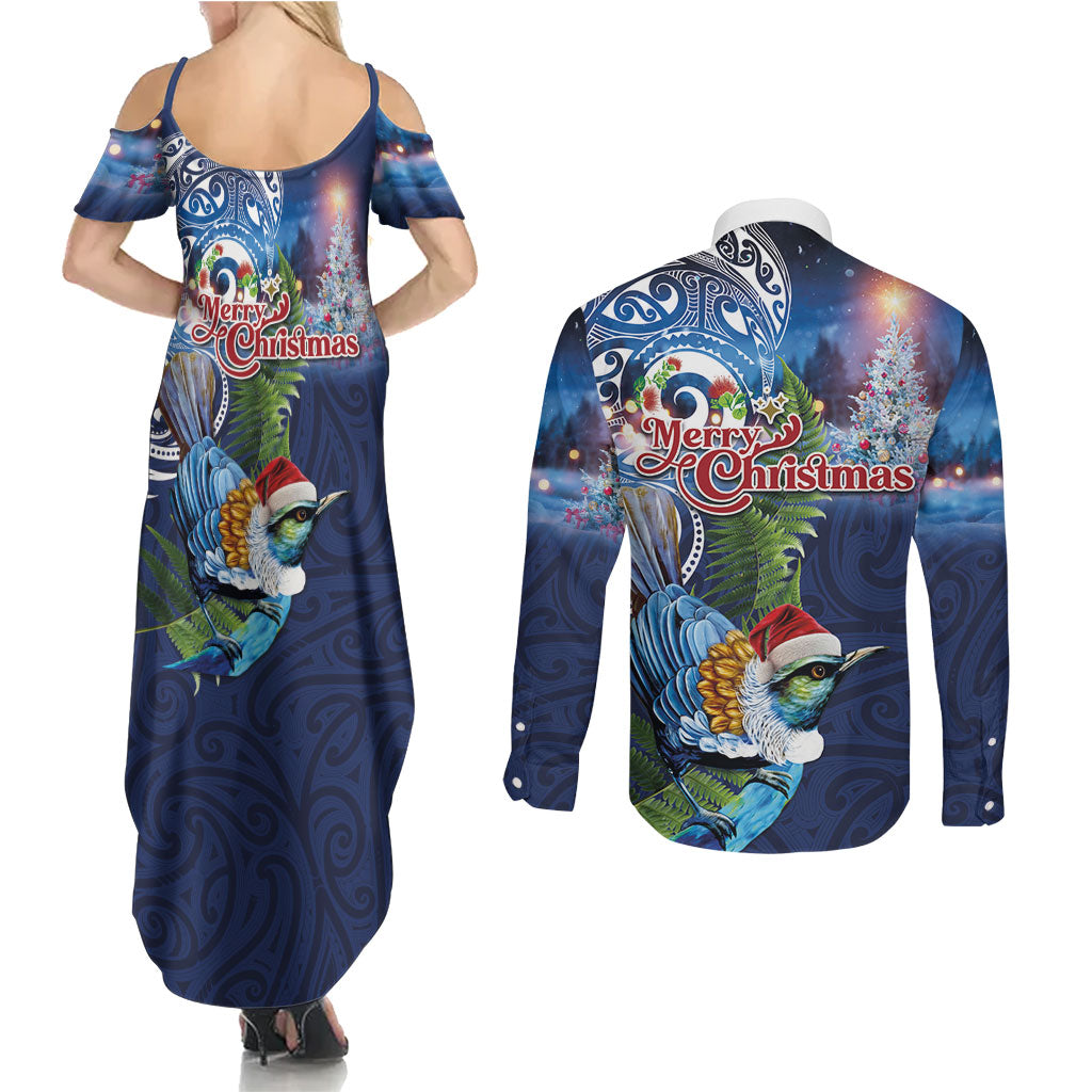 New Zealand Merry Christmas Couples Matching Summer Maxi Dress and Long Sleeve Button Shirt Maori Tribal Pattern with Xmas Tui Bird