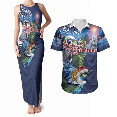 New Zealand Merry Christmas Couples Matching Tank Maxi Dress and Hawaiian Shirt Maori Tribal Pattern with Xmas Tui Bird