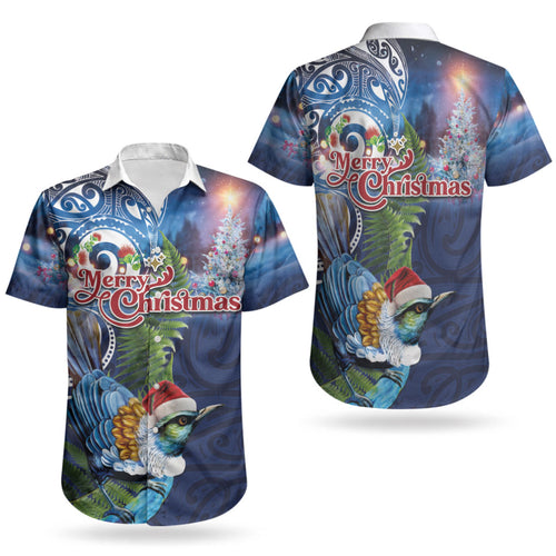 New Zealand Merry Christmas Couples Matching Tank Maxi Dress and Hawaiian Shirt Maori Tribal Pattern with Xmas Tui Bird