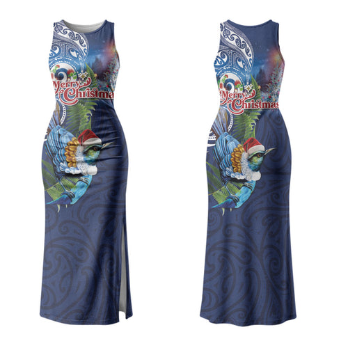 New Zealand Merry Christmas Couples Matching Tank Maxi Dress and Hawaiian Shirt Maori Tribal Pattern with Xmas Tui Bird LT03