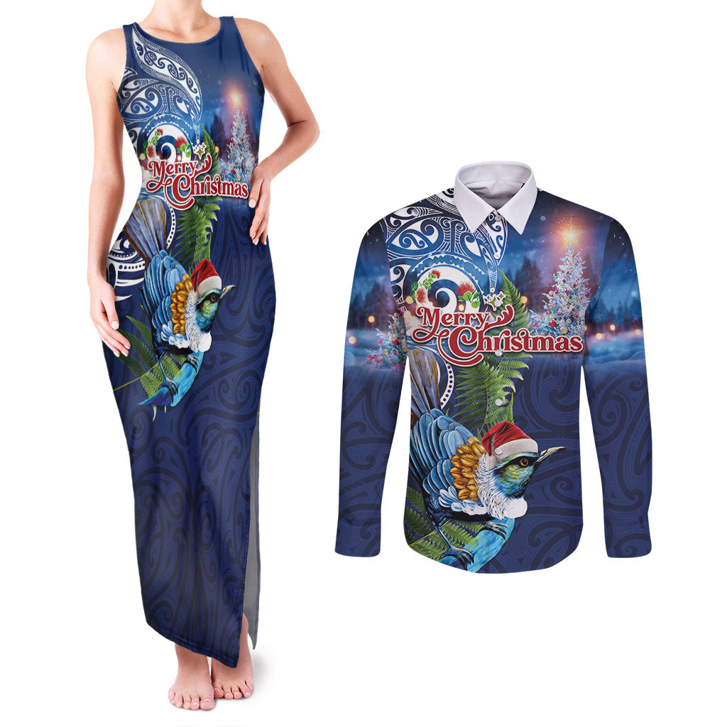 New Zealand Merry Christmas Couples Matching Tank Maxi Dress and Long Sleeve Button Shirt Maori Tribal Pattern with Xmas Tui Bird