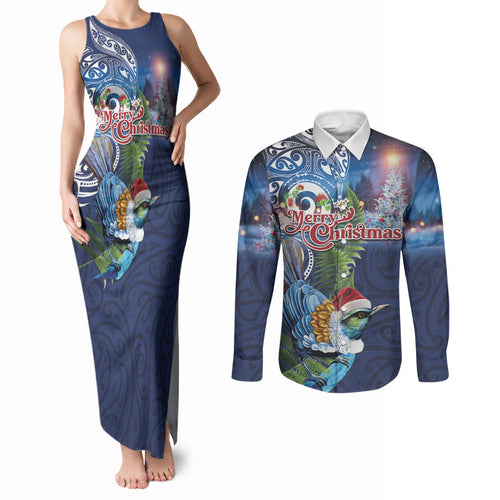New Zealand Merry Christmas Couples Matching Tank Maxi Dress and Long Sleeve Button Shirt Maori Tribal Pattern with Xmas Tui Bird