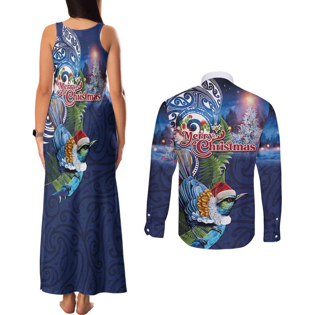 New Zealand Merry Christmas Couples Matching Tank Maxi Dress and Long Sleeve Button Shirt Maori Tribal Pattern with Xmas Tui Bird