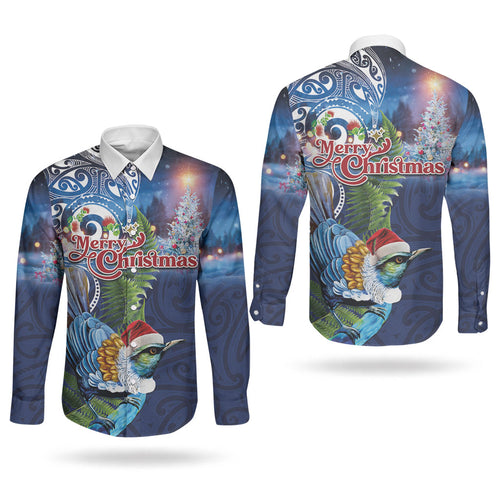 New Zealand Merry Christmas Couples Matching Tank Maxi Dress and Long Sleeve Button Shirt Maori Tribal Pattern with Xmas Tui Bird
