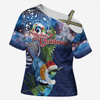 New Zealand Merry Christmas Cross Shoulder Shirt Maori Tribal Pattern with Xmas Tui Bird