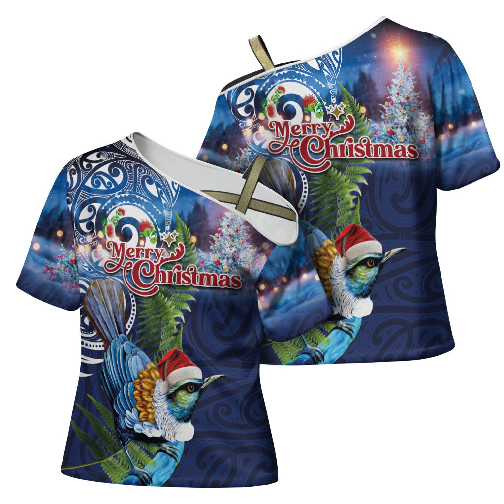New Zealand Merry Christmas Cross Shoulder Shirt Maori Tribal Pattern with Xmas Tui Bird