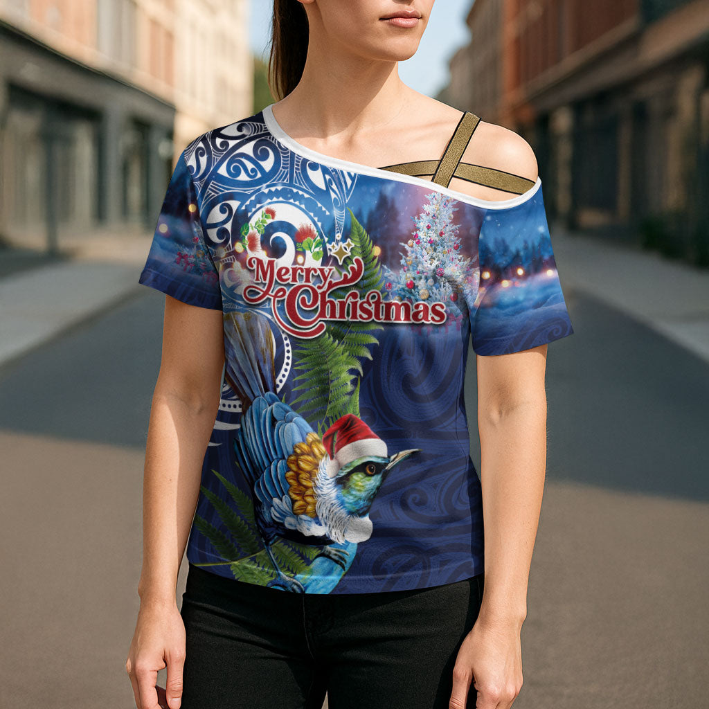 New Zealand Merry Christmas Cross Shoulder Shirt Maori Tribal Pattern with Xmas Tui Bird