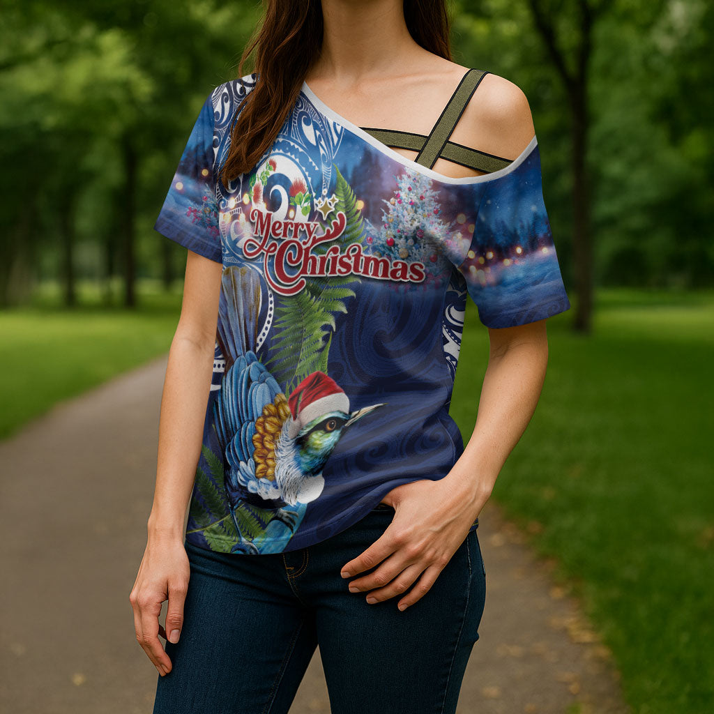 New Zealand Merry Christmas Cross Shoulder Shirt Maori Tribal Pattern with Xmas Tui Bird