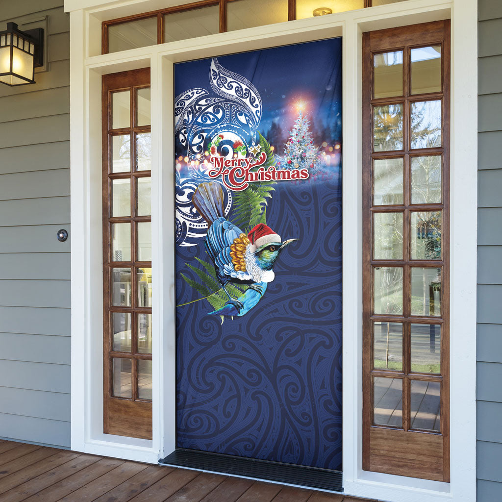 New Zealand Merry Christmas Door Cover Maori Tribal Pattern with Xmas Tui Bird