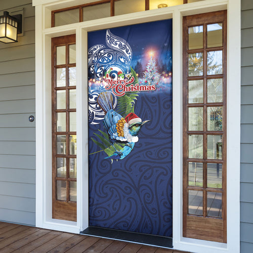 New Zealand Merry Christmas Door Cover Maori Tribal Pattern with Xmas Tui Bird