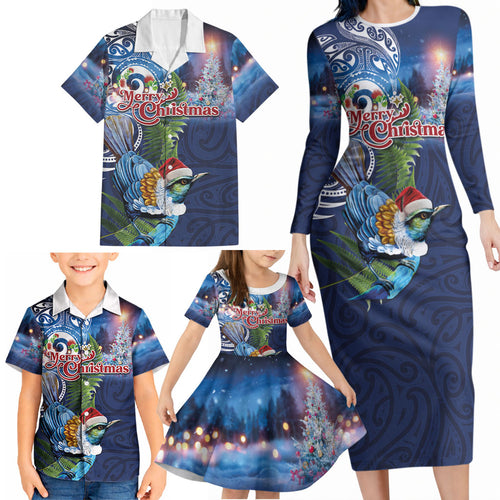New Zealand Merry Christmas Family Matching Long Sleeve Bodycon Dress and Hawaiian Shirt Maori Tribal Pattern with Xmas Tui Bird