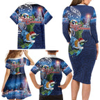 New Zealand Merry Christmas Family Matching Long Sleeve Bodycon Dress and Hawaiian Shirt Maori Tribal Pattern with Xmas Tui Bird