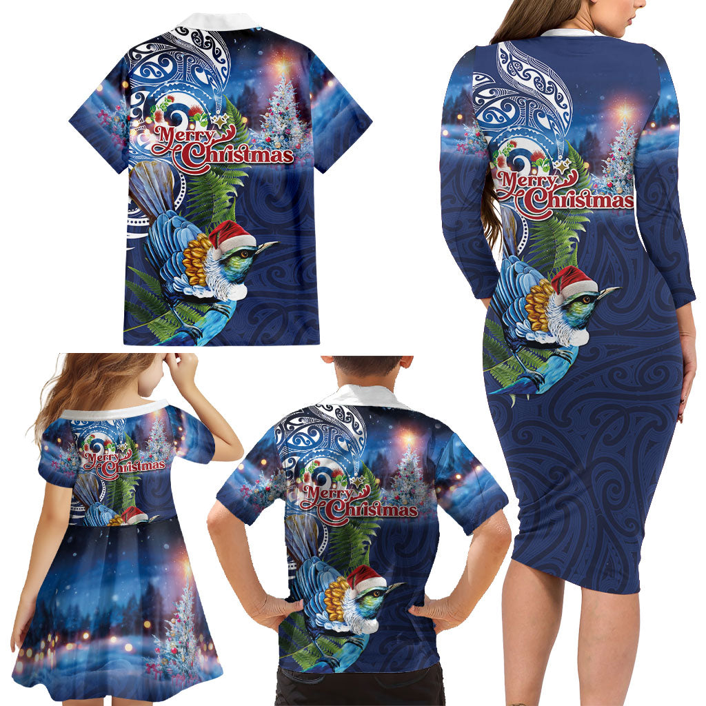 New Zealand Merry Christmas Family Matching Long Sleeve Bodycon Dress and Hawaiian Shirt Maori Tribal Pattern with Xmas Tui Bird