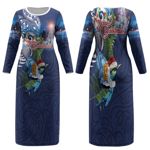 New Zealand Merry Christmas Family Matching Long Sleeve Bodycon Dress and Hawaiian Shirt Maori Tribal Pattern with Xmas Tui Bird