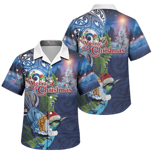 New Zealand Merry Christmas Family Matching Long Sleeve Bodycon Dress and Hawaiian Shirt Maori Tribal Pattern with Xmas Tui Bird