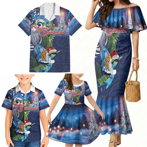 New Zealand Merry Christmas Family Matching Mermaid Dress and Hawaiian Shirt Maori Tribal Pattern with Xmas Tui Bird
