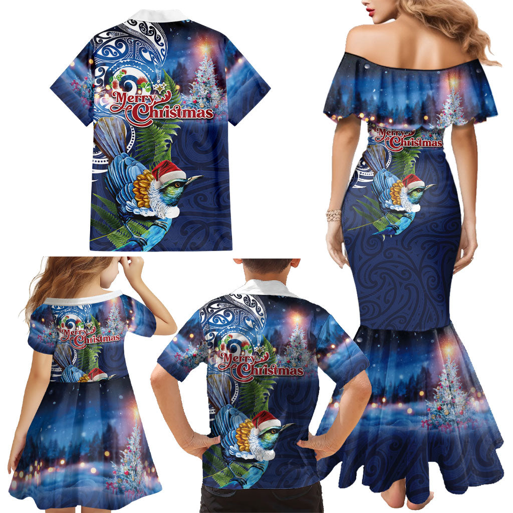 New Zealand Merry Christmas Family Matching Mermaid Dress and Hawaiian Shirt Maori Tribal Pattern with Xmas Tui Bird