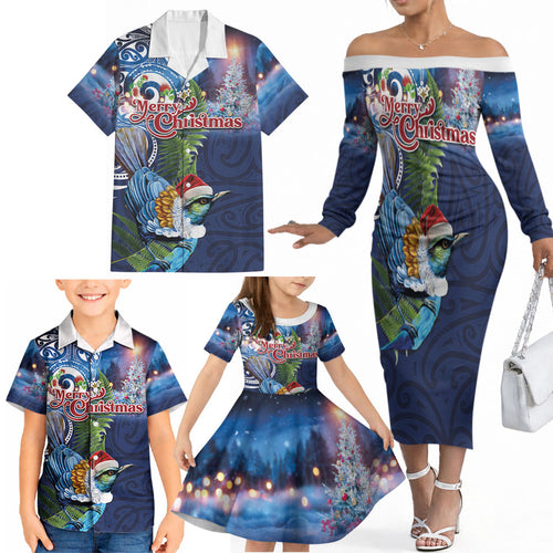 New Zealand Merry Christmas Family Matching Off The Shoulder Long Sleeve Dress and Hawaiian Shirt Maori Tribal Pattern with Xmas Tui Bird