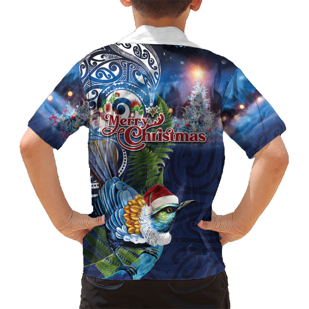 New Zealand Merry Christmas Family Matching Off The Shoulder Long Sleeve Dress and Hawaiian Shirt Maori Tribal Pattern with Xmas Tui Bird